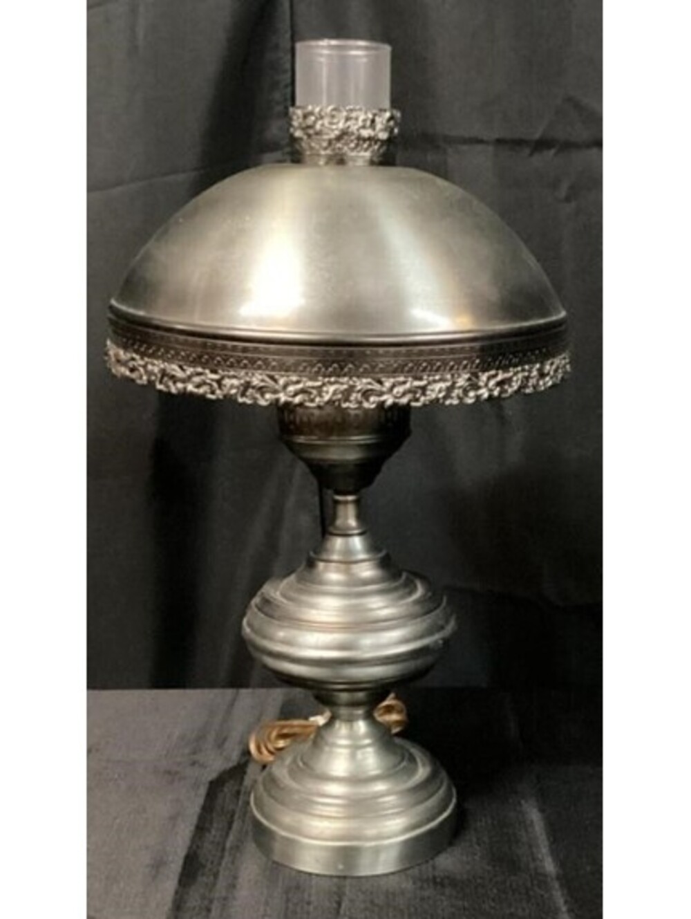 Vintage Pewter-Style Table Lamp with Ornate Dome Shade – Victorian Revival